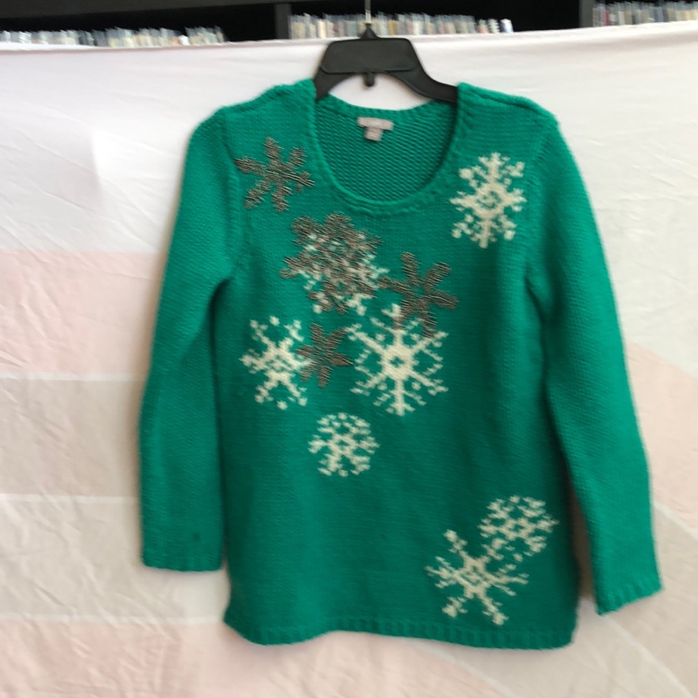 Ugly Christmas Sweater! Beaded silver snowflakes on green heavy knit sweater. S